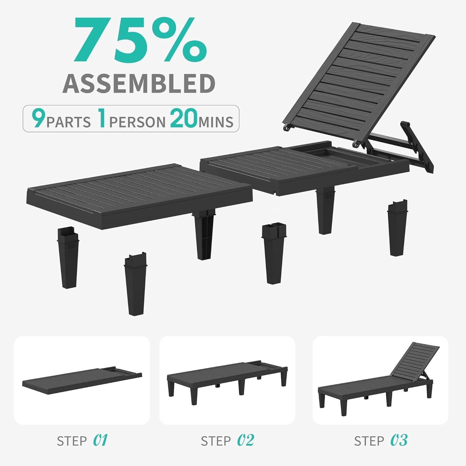 Set of 4 Outdoor Adjustable Chaise Lounge Chairs Wood Texture All-Weather Res...