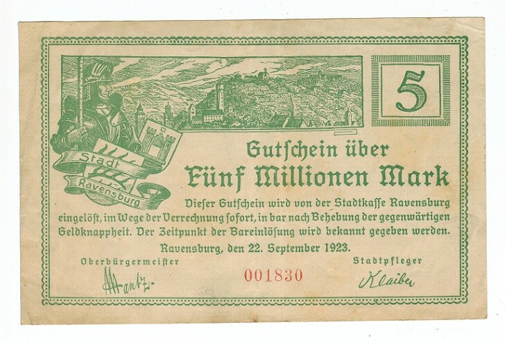 GERMANY BANKNOTE 5 MILLION MARK STADT-RAVENSBURG 1923