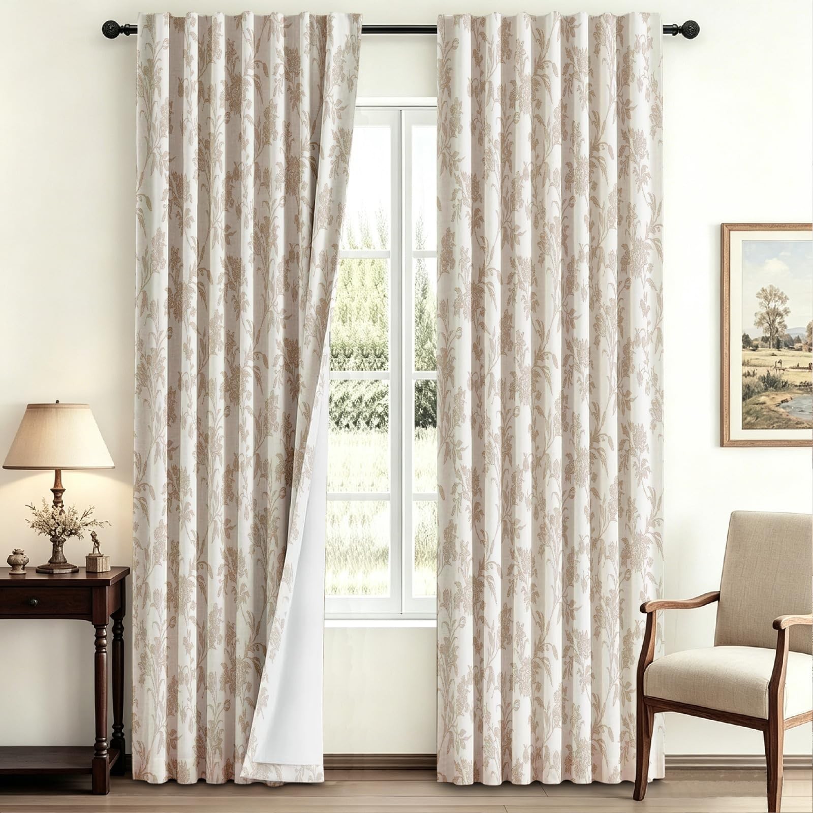WOUVMA 100% Blackout Boho Floral Curtains Beige Floral French Country Curtain...