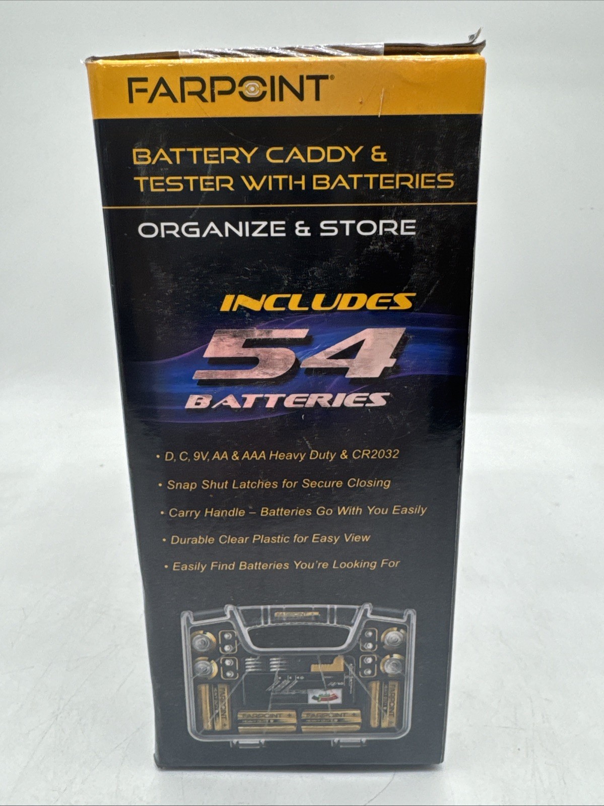 Farpoint Battery Caddy & Tester W/ Batteries 54 Batteries