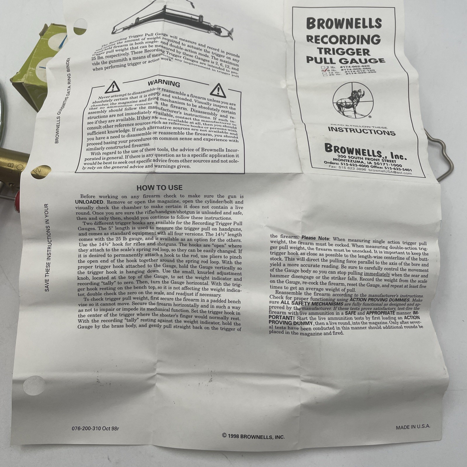 Brownells Trigger Pull Gauge Brass Scale by Chatillon USA 6 Lb 174-006-060