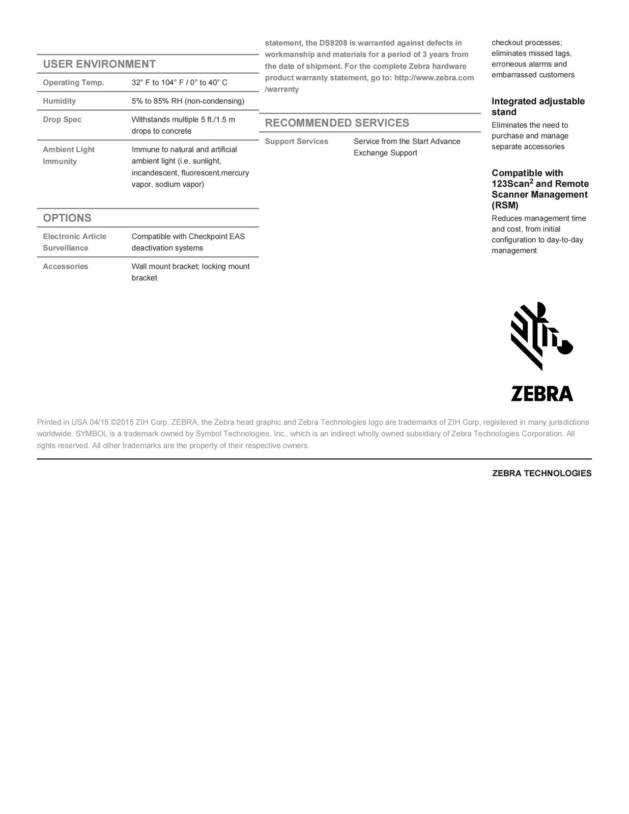 Symbol DS9208-SR00004NNWW Omnidirectional 1D 2D Image Barcode Scanner Reader