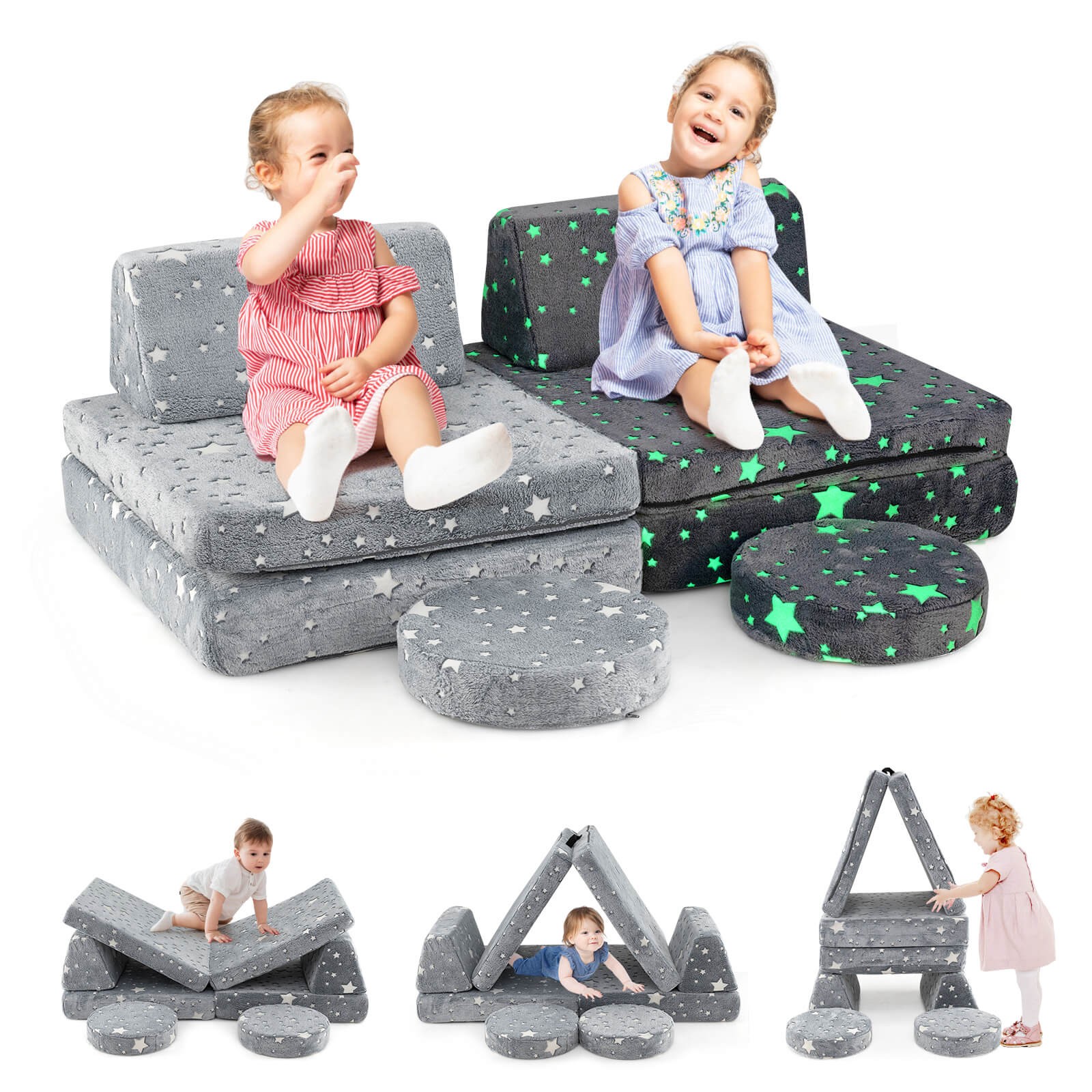 Glow in the Dark Modular Kids Play Couch Set w/ Machine-washable Flannel Covers