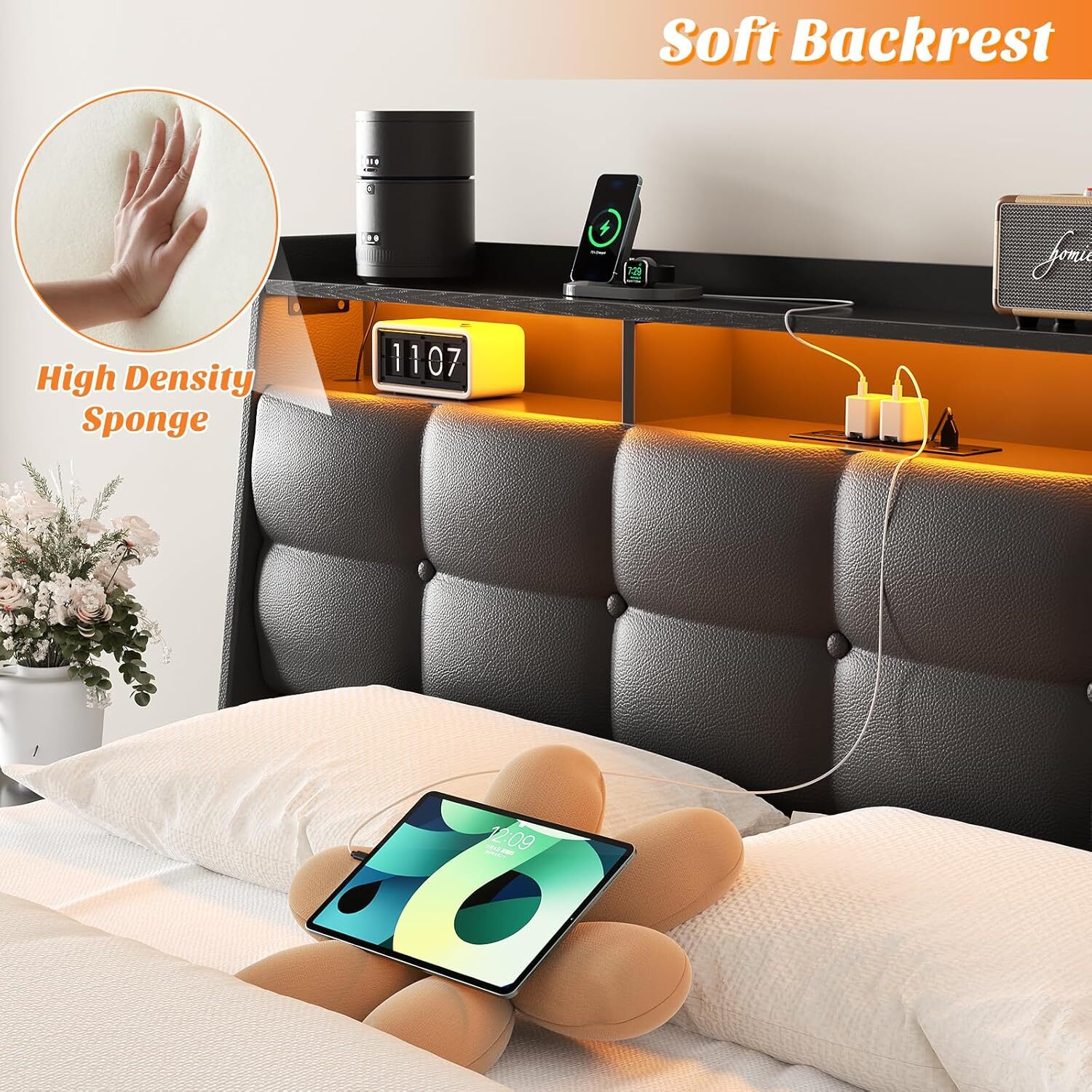 Homieasy Bed Frame with 4 Drawers ＆ Upholstered Headboard ＆ LED Lights ＆ Outlets