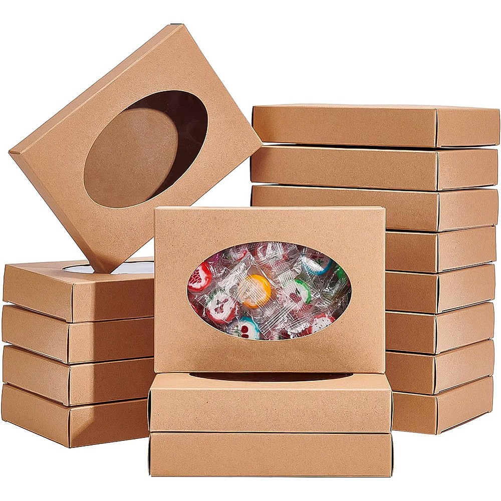 20pcs 14x10x2.5cm Oval Clear PVC Window Gift boxes Rectangle Brown Kraft Present