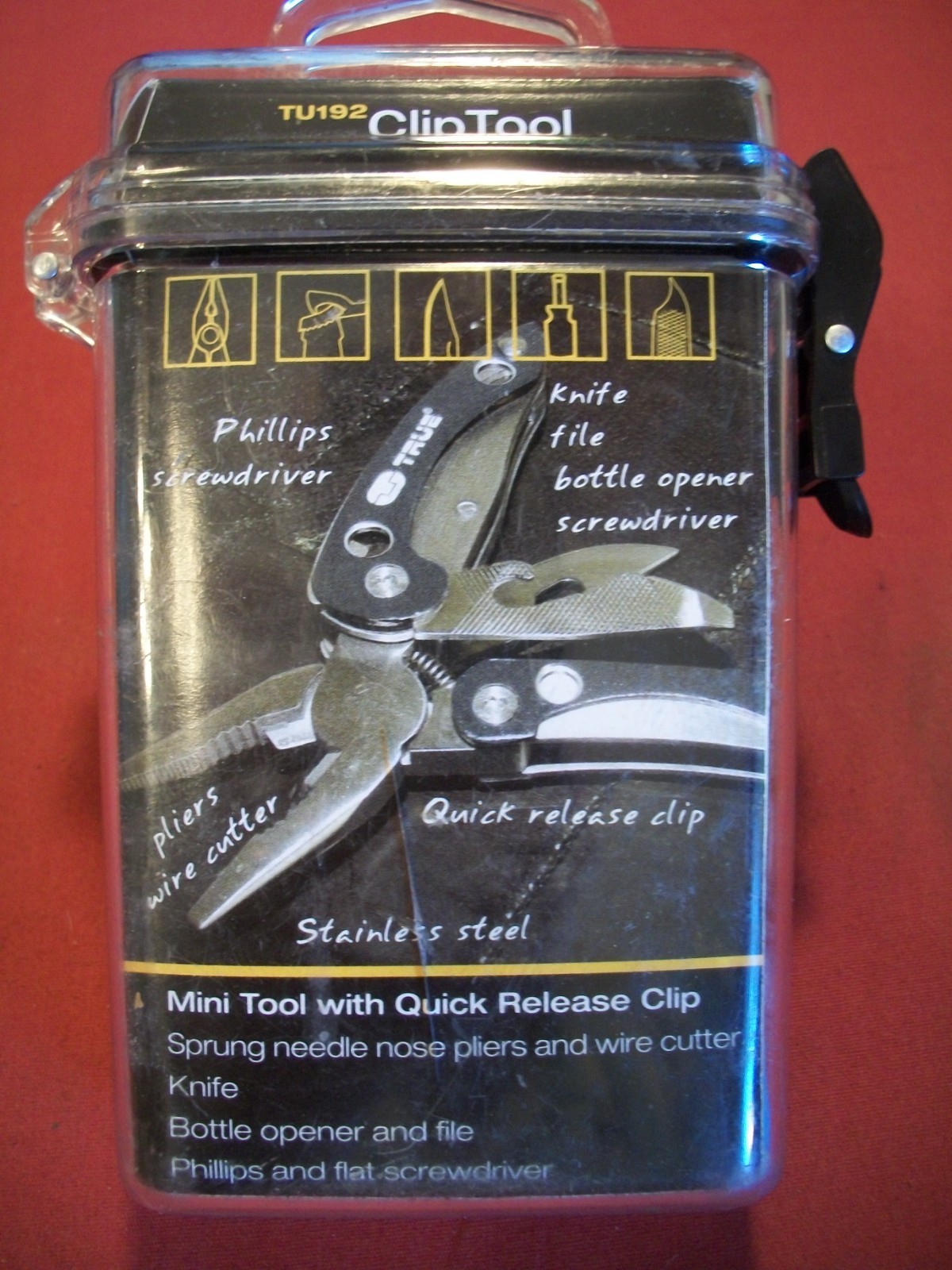 Clip Mini Tool #TU192 w/ Knife, Pliers, File, Bottle Opener & Screwdrivers , NIB