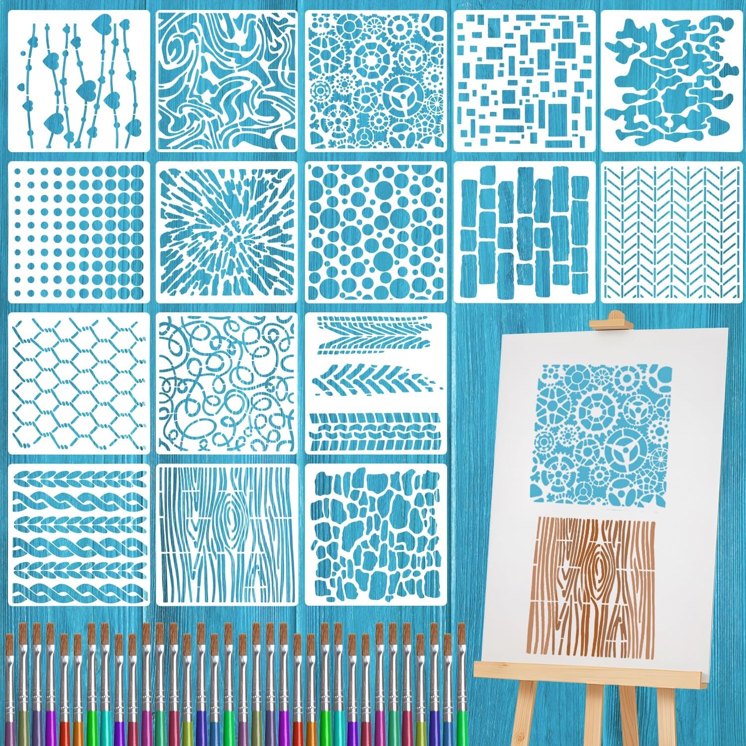 16 PCS Cubist Wood Texture Stencils, 6 Inch Texture Mixed Burlap Reusable Pla...