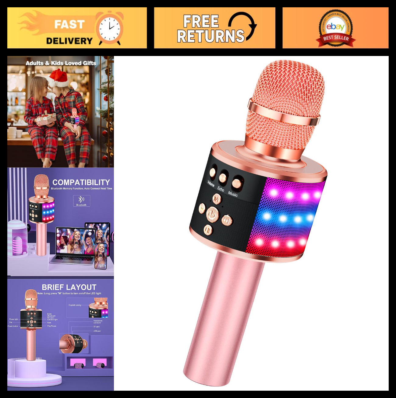 Portable Bluetooth Karaoke Microphone with Disco Lights & Echo Effect - Kids & A