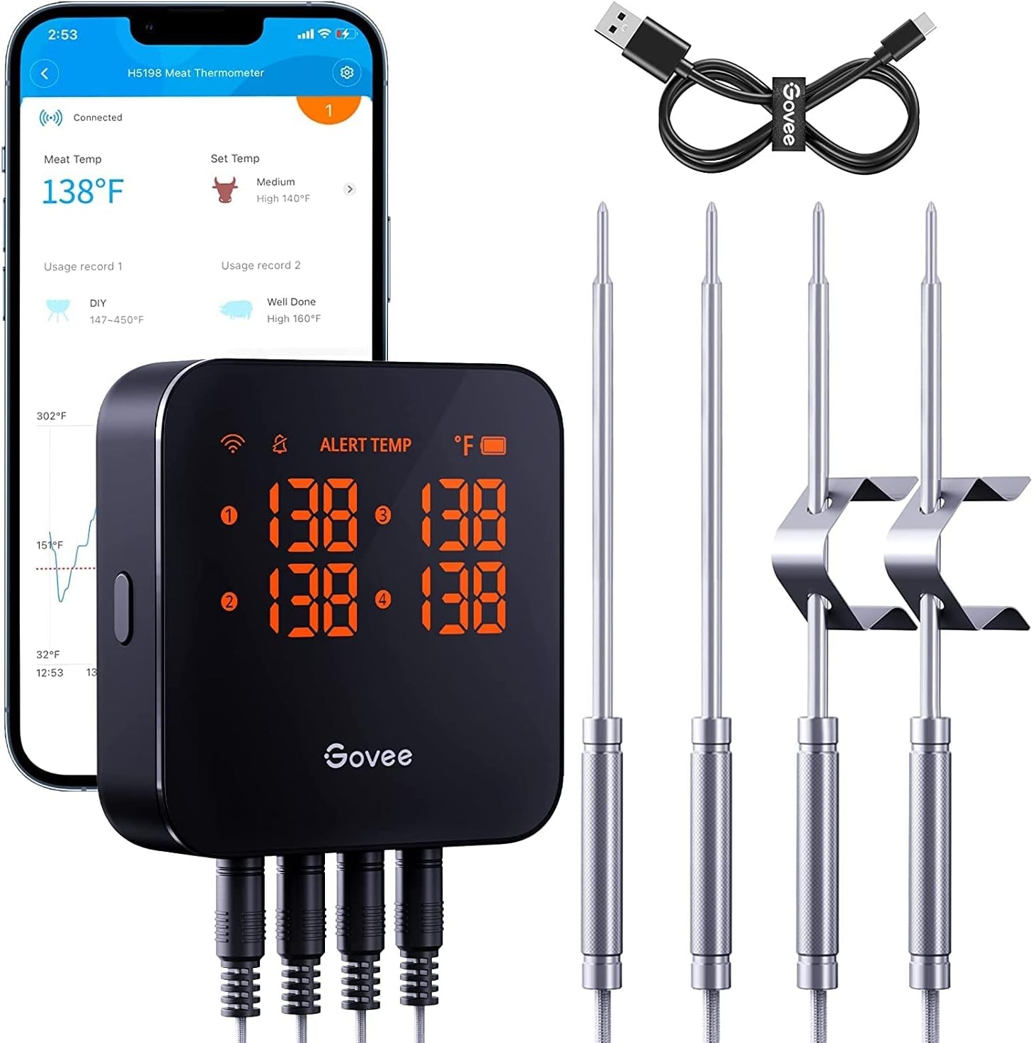 Wireless Meat Thermometer with 4 Probe, Smart WiFi Meat Thermometer