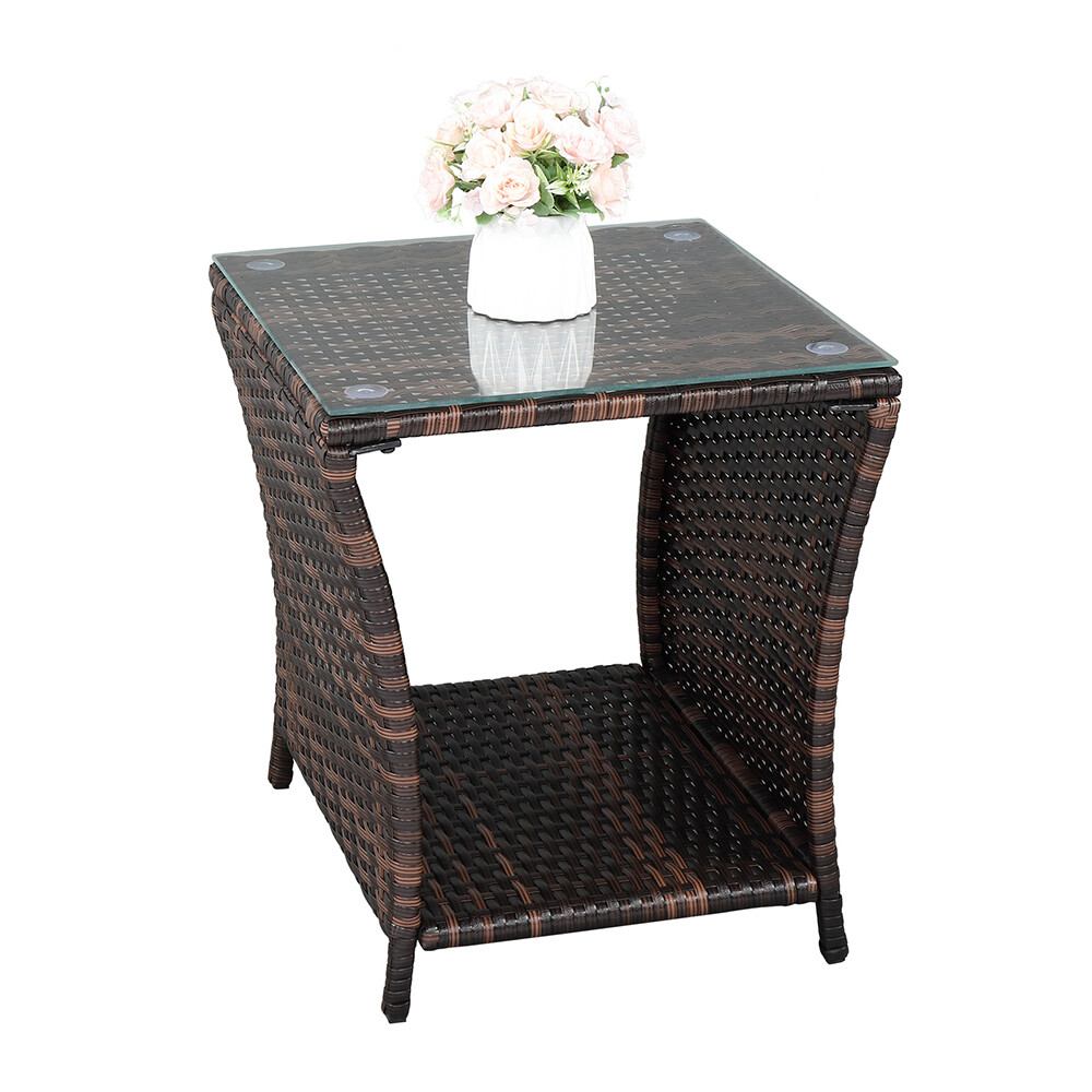 Patio Wicker Side Coffee Table Bistro Glass Table Outdoor End Table with Storage