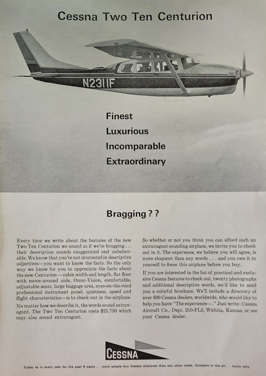 Cessna Centurion Aircraft Picture Magazine Ad Original Vtg Aviation Wall Art