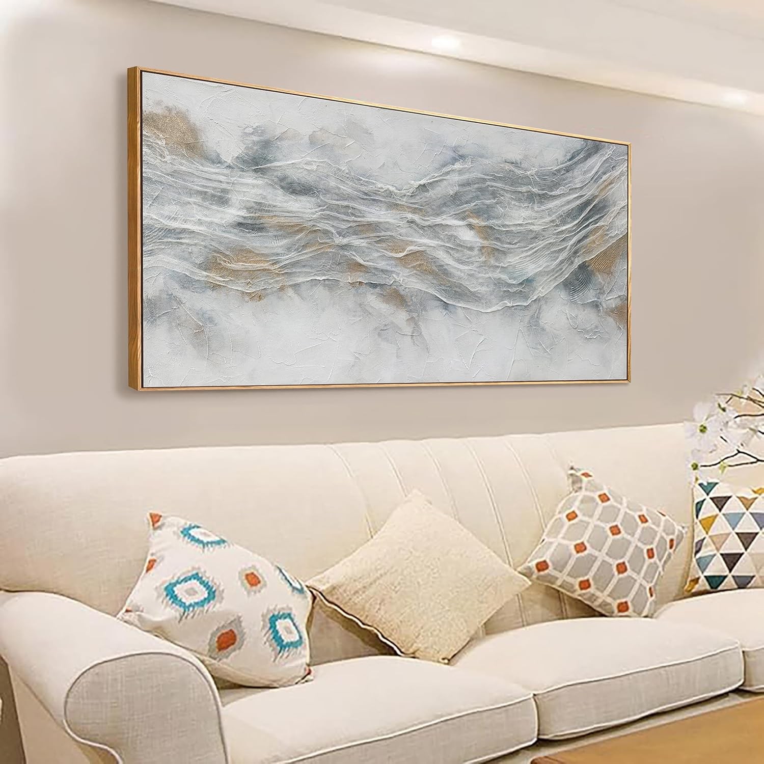 Abstract Wall Art Framed Ready To Hang Home 40L" x 20W", Gray Gold