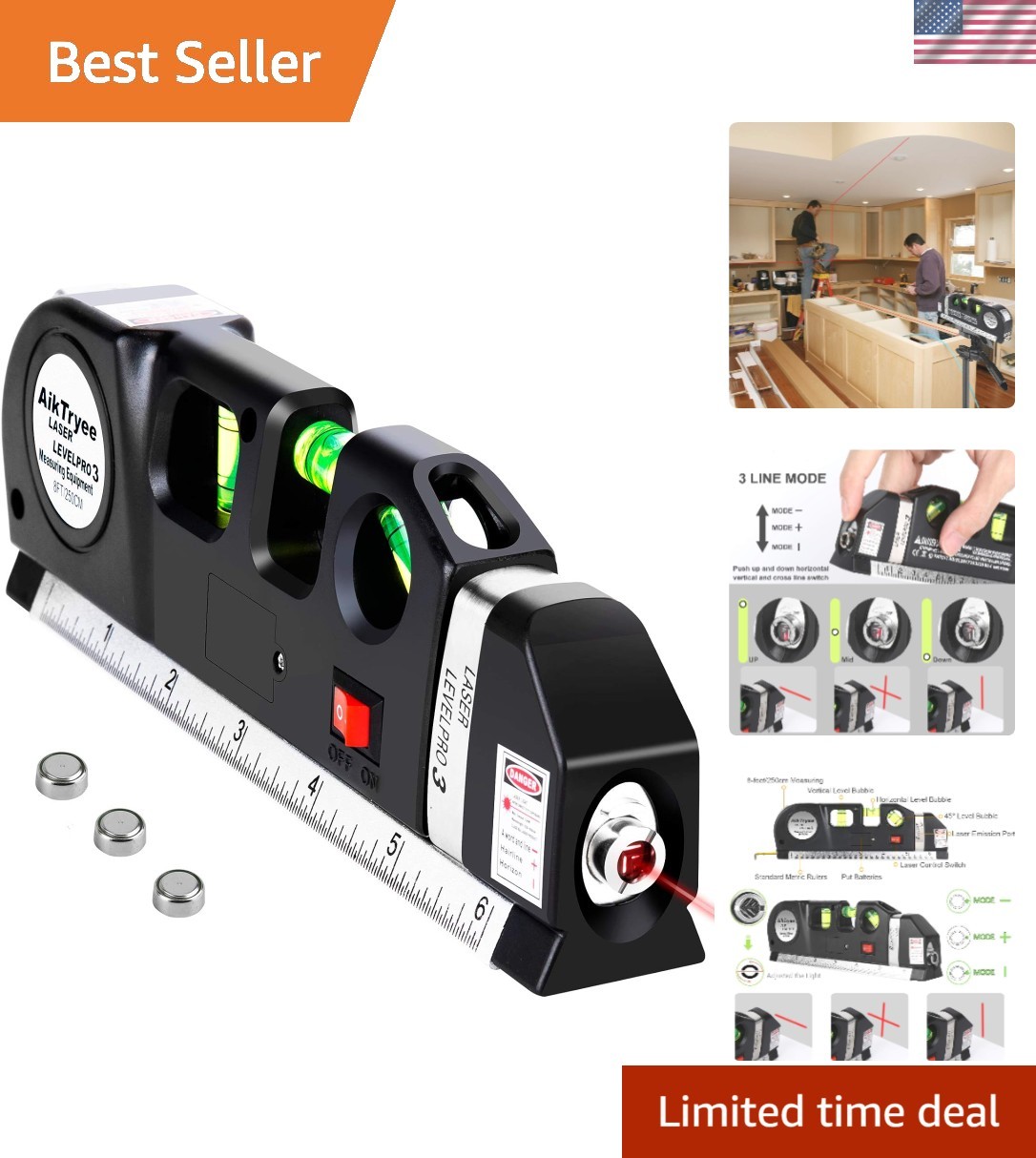 Compact 8ft Laser Level Tool for Picture Hanging and Cabinet Installation