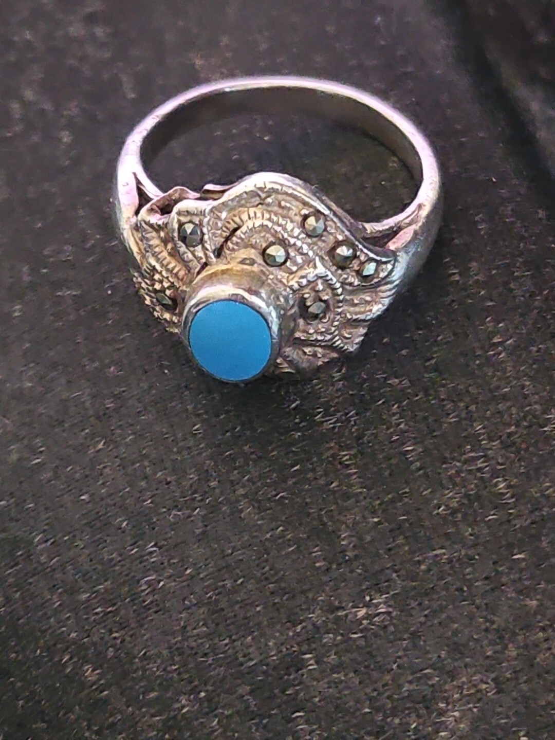 Silver Marcasite Blue Ring Size 8.25