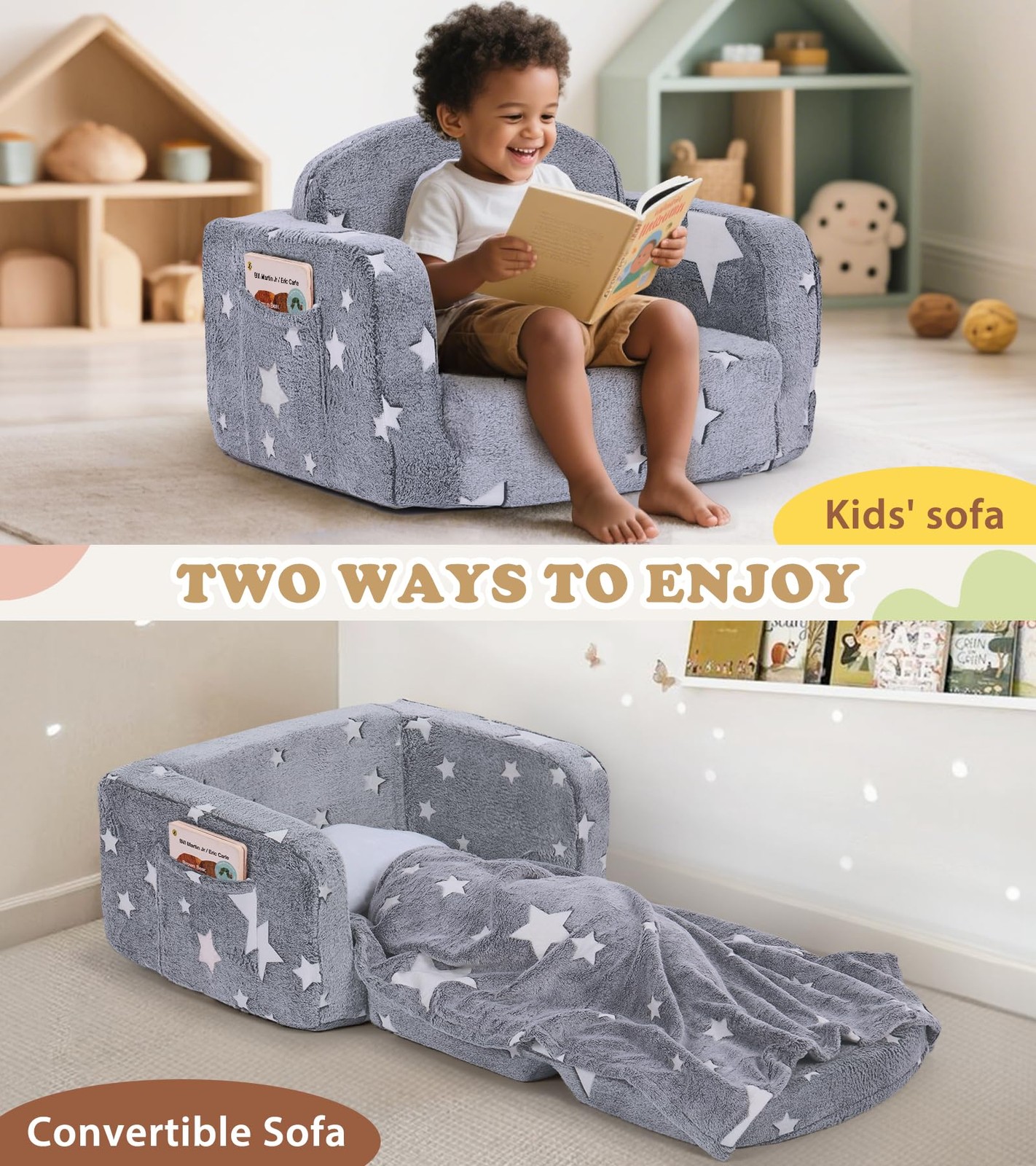 Couch, 2-in-1 Soft Couch Fold Out with with Blanket and Cloud Pillow, Glow in...