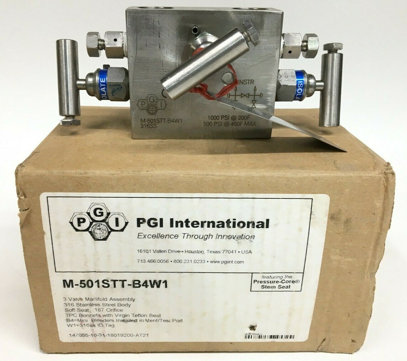 PGI International M-501STT-B4W1 3 Valve Manifold 316SS 1,000PSI Soft Seat 1/2