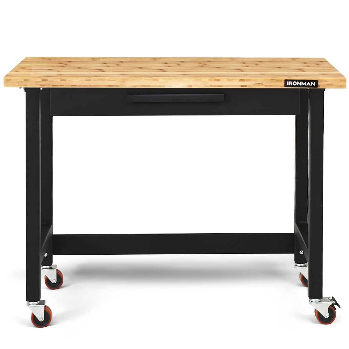 48 Inch Mobile Workbench Bamboo Top Modern w/Rubber Wheels and Organizer Drawer