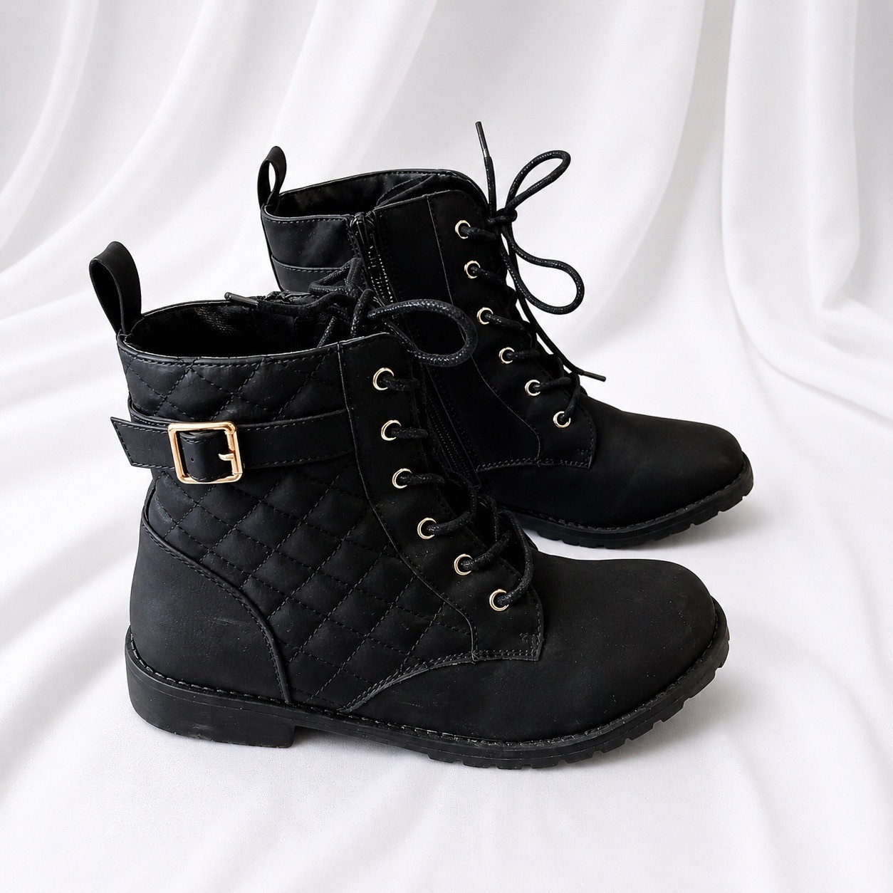 Black Combat Boots Womens 6 Ankle Lace Up Gold Buckle Moto Lug Sole