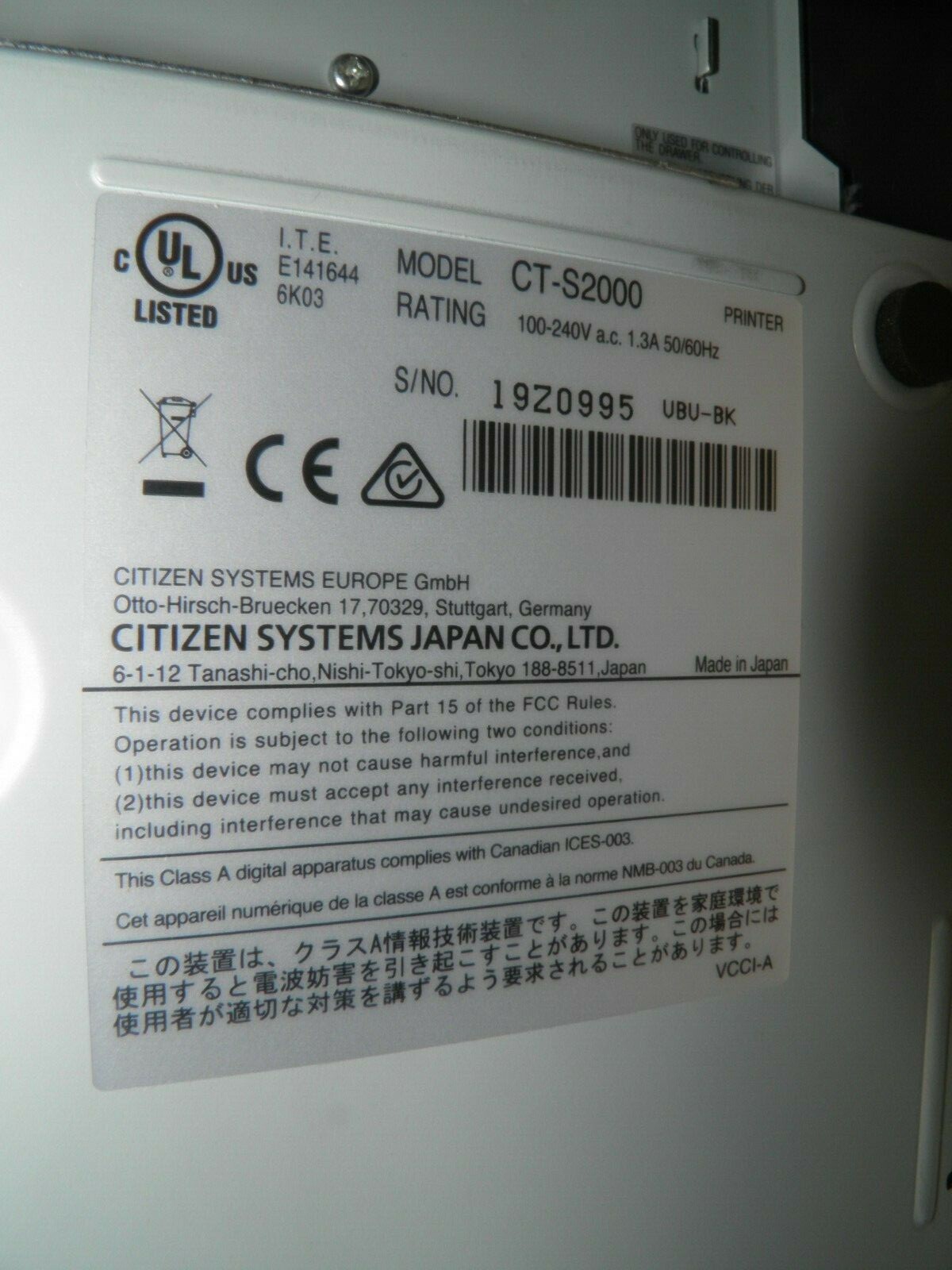 Citizen Citizen CT-S2000 Thermal POS Receipt Printer with Power Cord USB