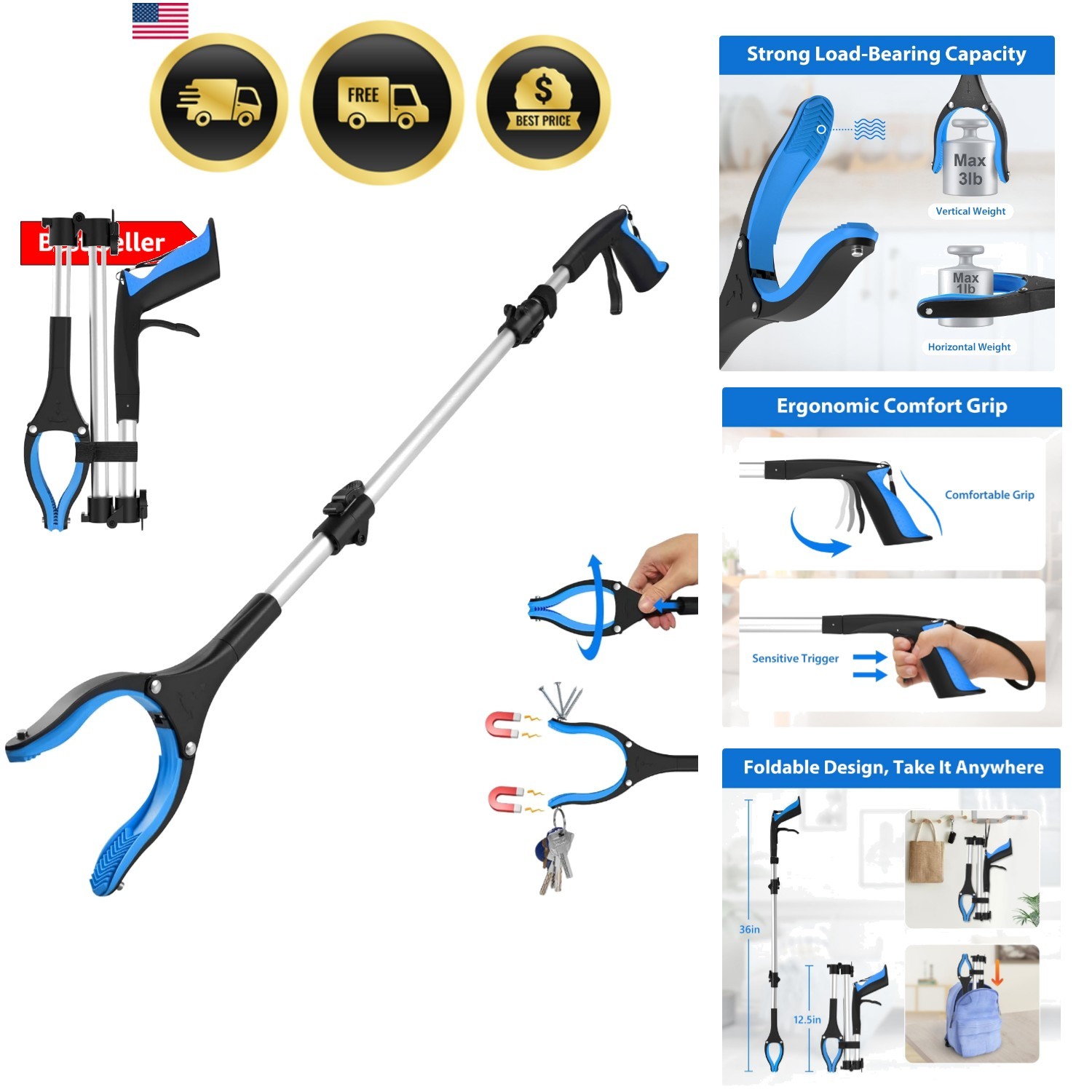 Grabber Reacher Tool 36 Inch, Foldable Grabber with Anti-Slip 360° Rotating J...