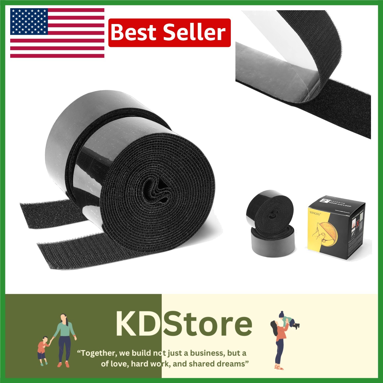 Water Resistant 2 Inch Adhesive Hook and Loop Tape - 5 Yards for All Surfaces