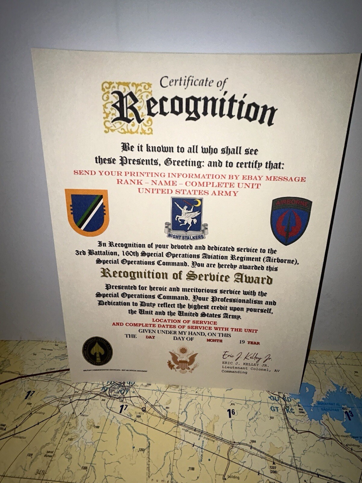 U.S. ARMY - 3RD BN / 160TH S.O.A.R. (AIRBORNE) CERTIFICATE OF APPRECIATION