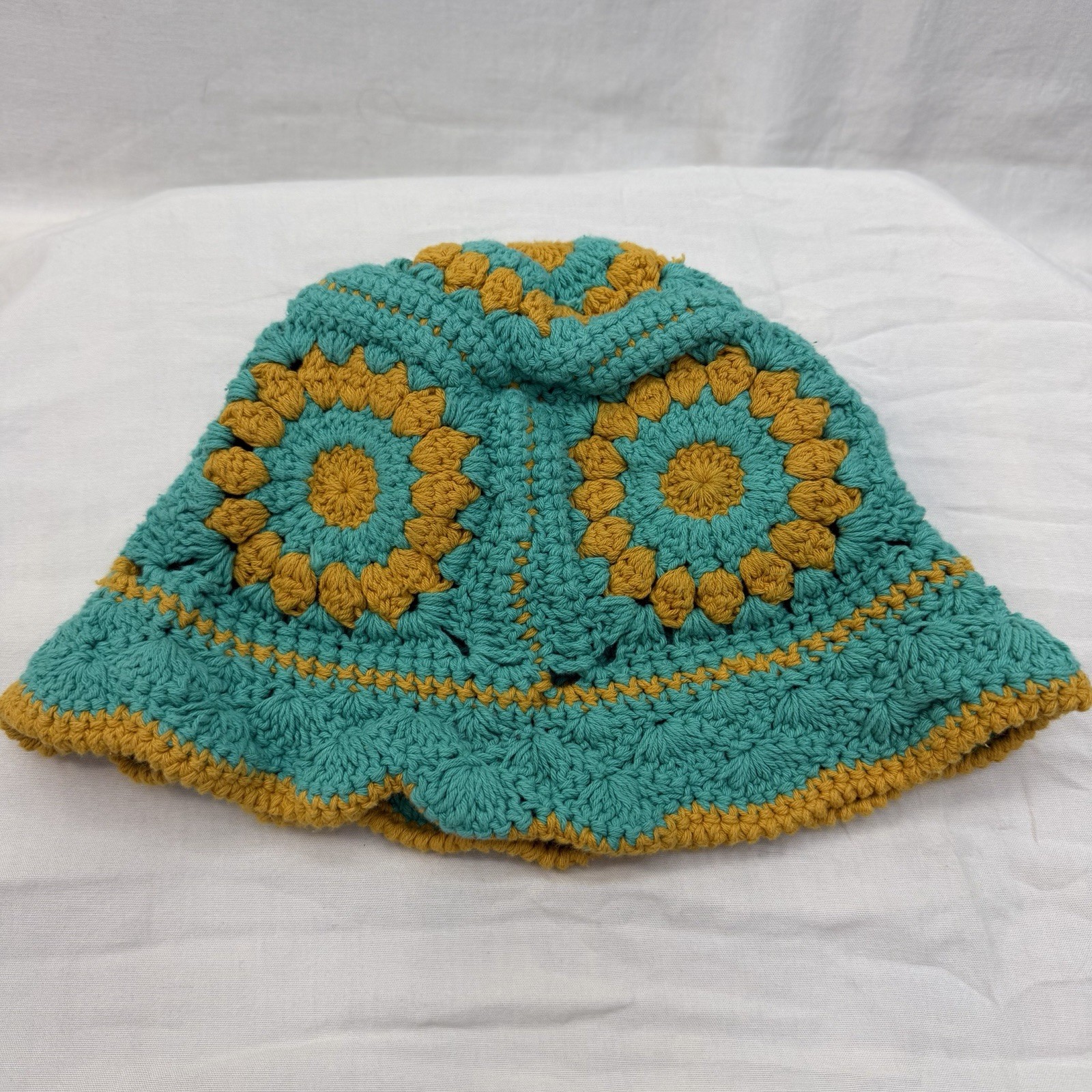 Vintage Style Handmade Crocheted Granny Square Bucket Hat Mustard/Sea Foam Green