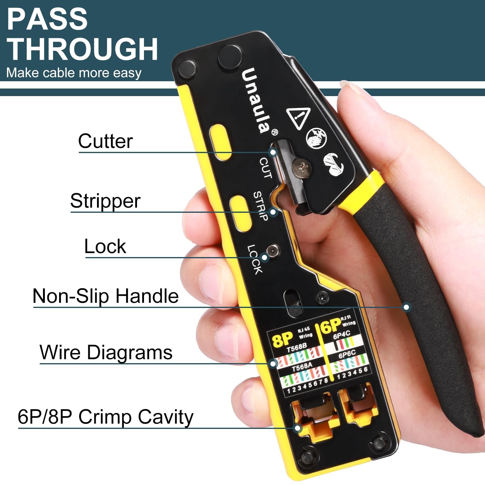 RJ45 Crimp Tool Pass Through Ethernet Crimper Kit Compact, Black & Yellow