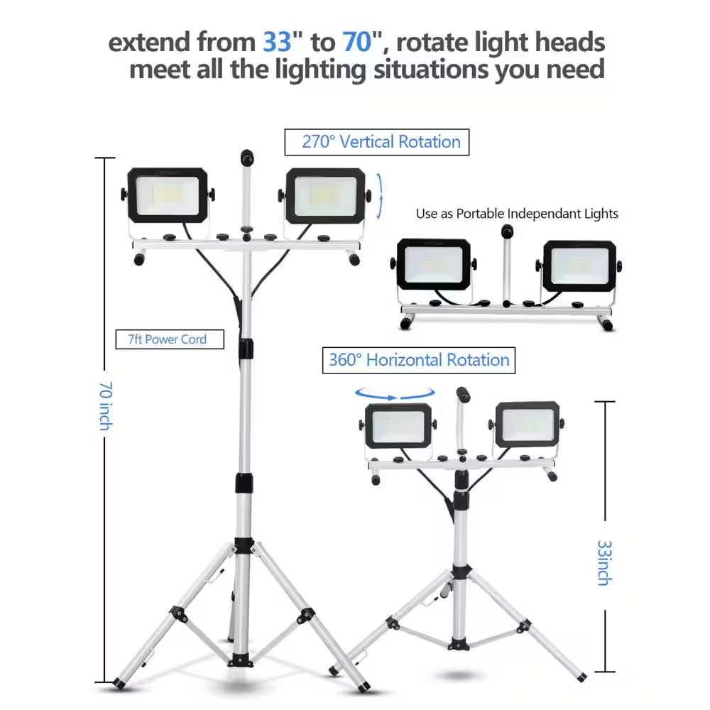 10000 Lumen Dual-Head LED Work Light 120 Volt with Adjustable Waterproof Tripod