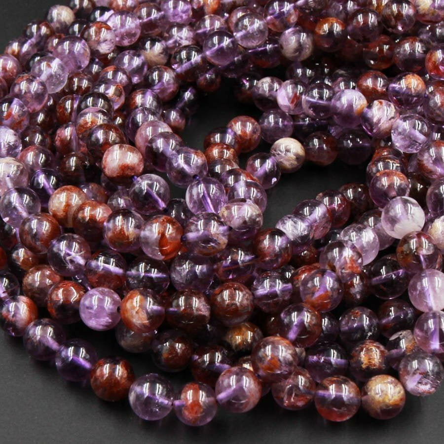 Super 7 Natural Phantom Amethyst 4mm 6mm 8mm 10mm Round Beads 15" Strand