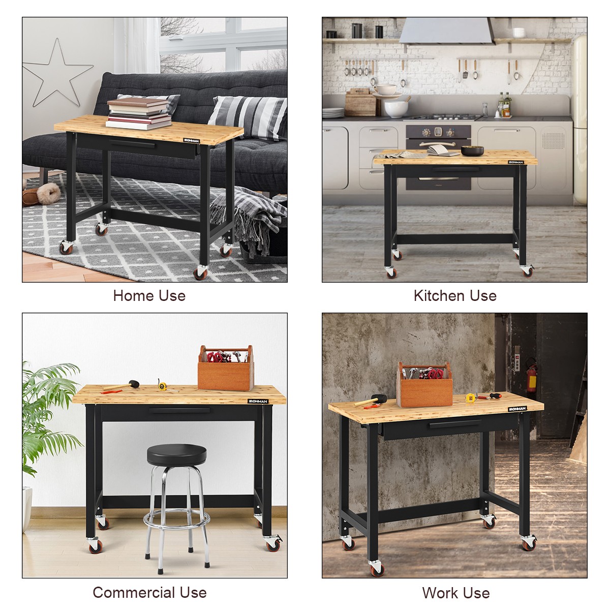 48 Inch Mobile Workbench Bamboo Top Modern w/Rubber Wheels and Organizer Drawer