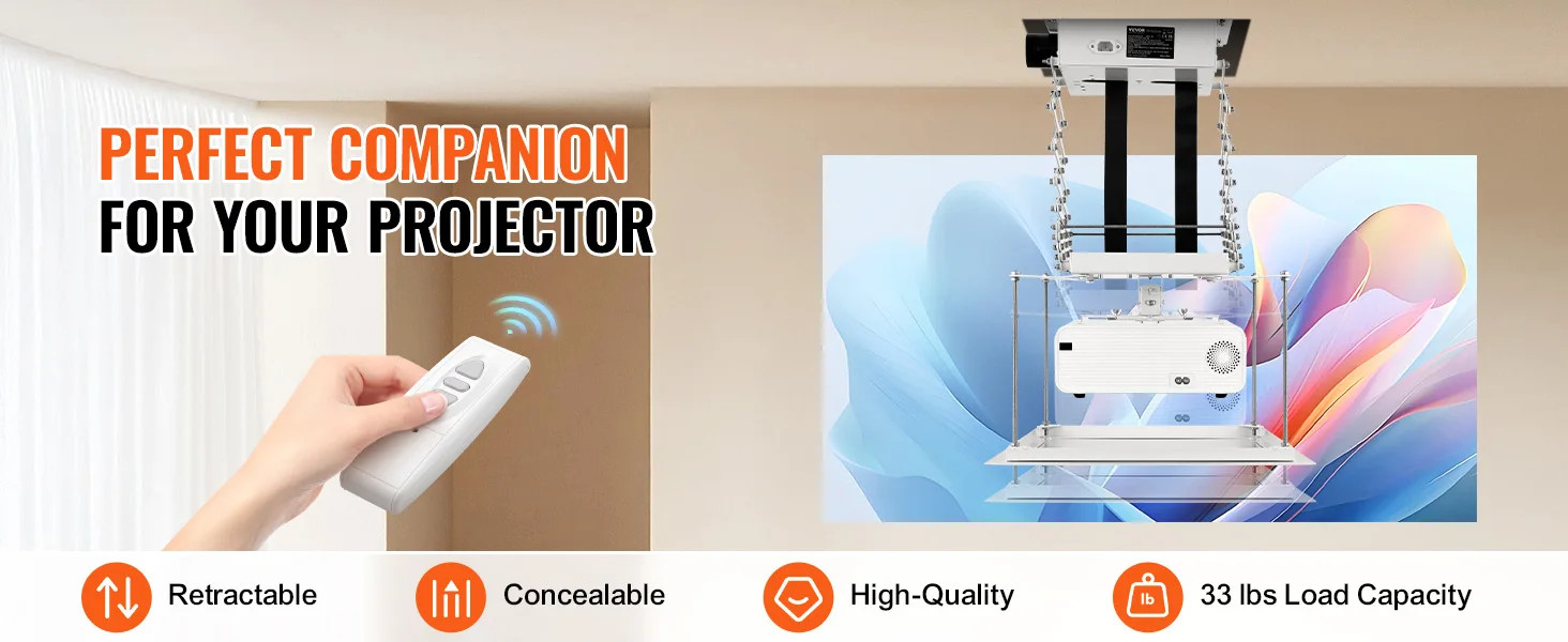 Motorized Projector Lift Hidden Projector Ceiling Mount w/ Remote &Wired Control