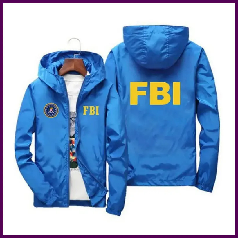 Men's 2025 Hooded Windproof Jacket FBI Printed Outdoor Sports Casual Fashion