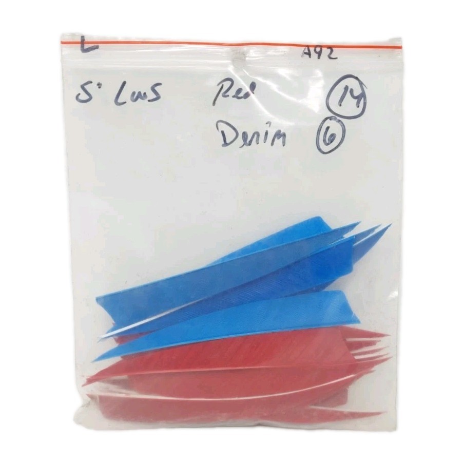 20 Count Archery Arrow Feathers 5" Left Wing Shield Lot: 14 Red & 6 Denim Blue