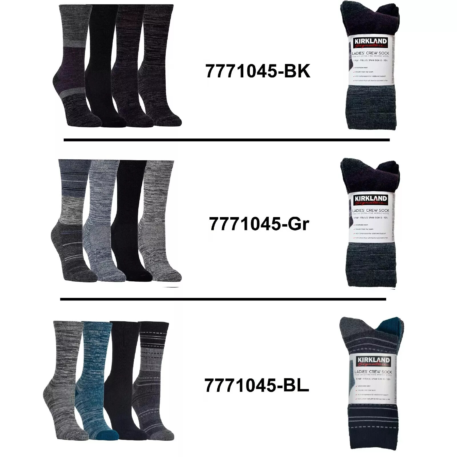 4 Pairs Kirkland Signature Women Ladies Extra Fine Merino Wool Blend Crew Socks