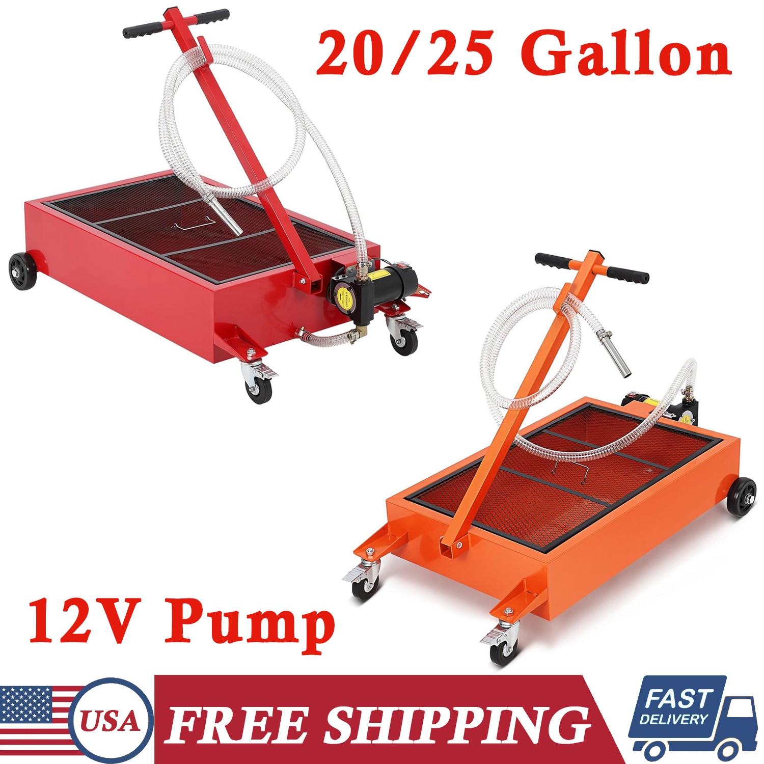 20/25 Gallon Electric Oil Drain Pan w/12V Pump & Hose Low Profile Oil Drain Cart