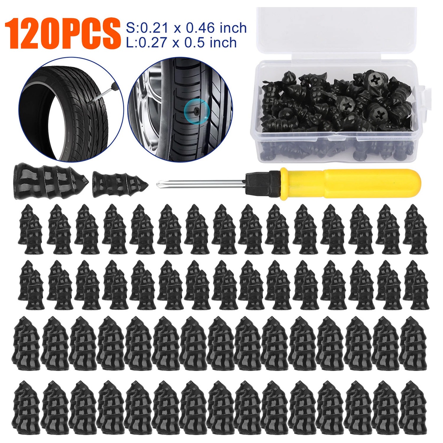 120PCS Car Vacuum Tire Repair Nail Rubber Screw Nails+Screwdriver Tool Set w/Box
