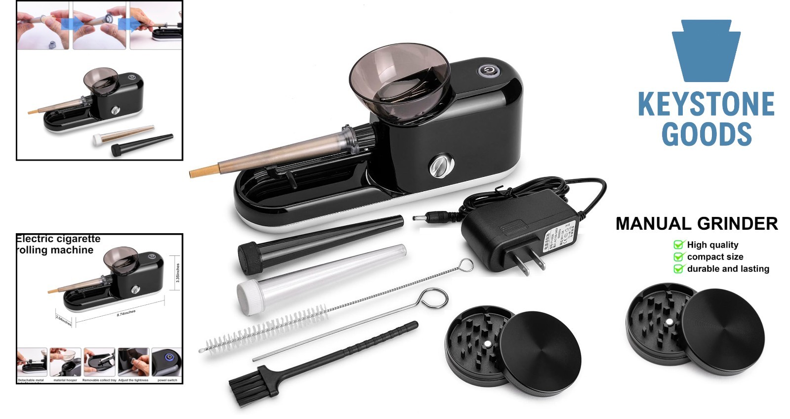 Electric Cone Rolling & Filling Machine with Grinder - Portable & Adjustable