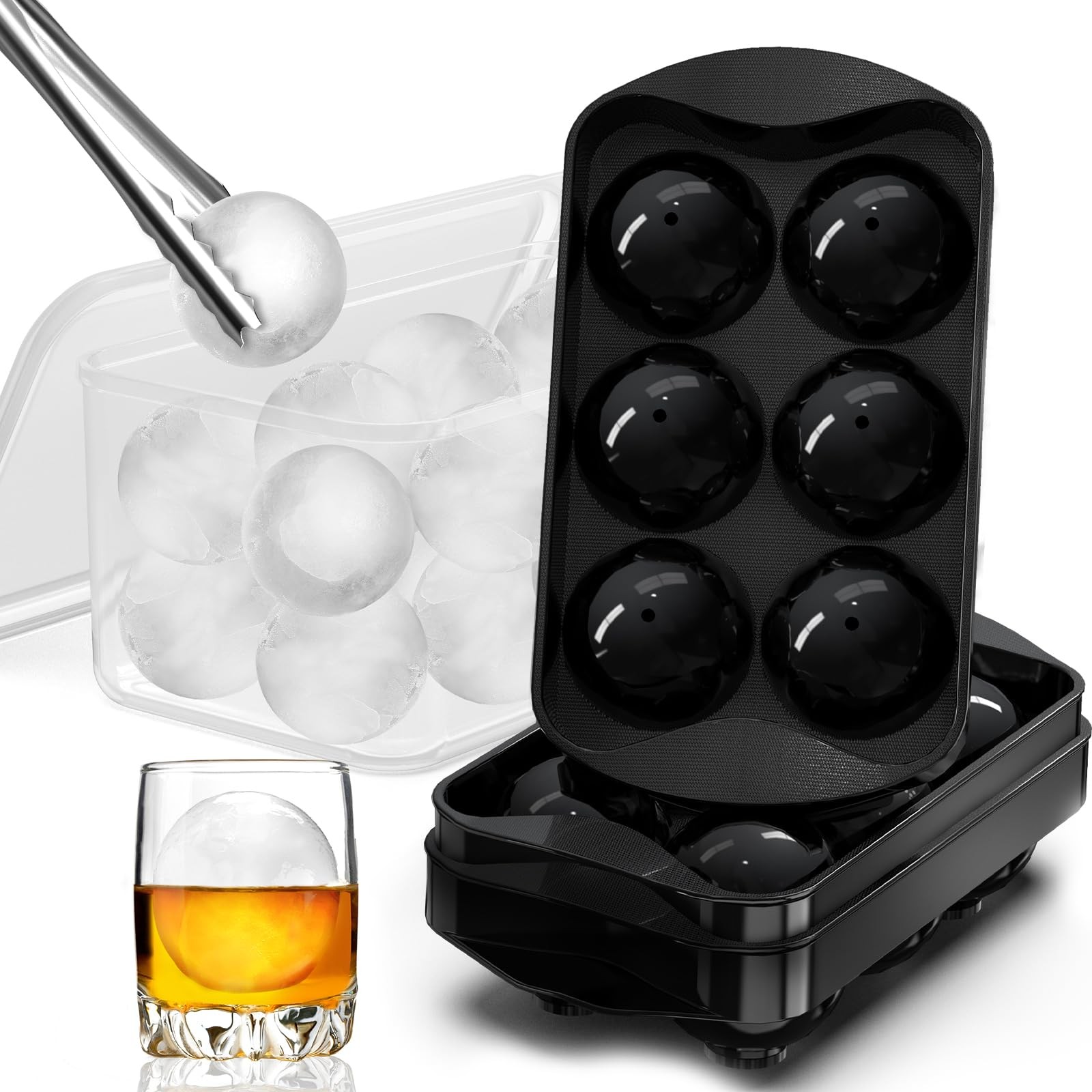 2 Pack Black Whiskey Ice Cube Molds Round Sphere 2.2 Inch