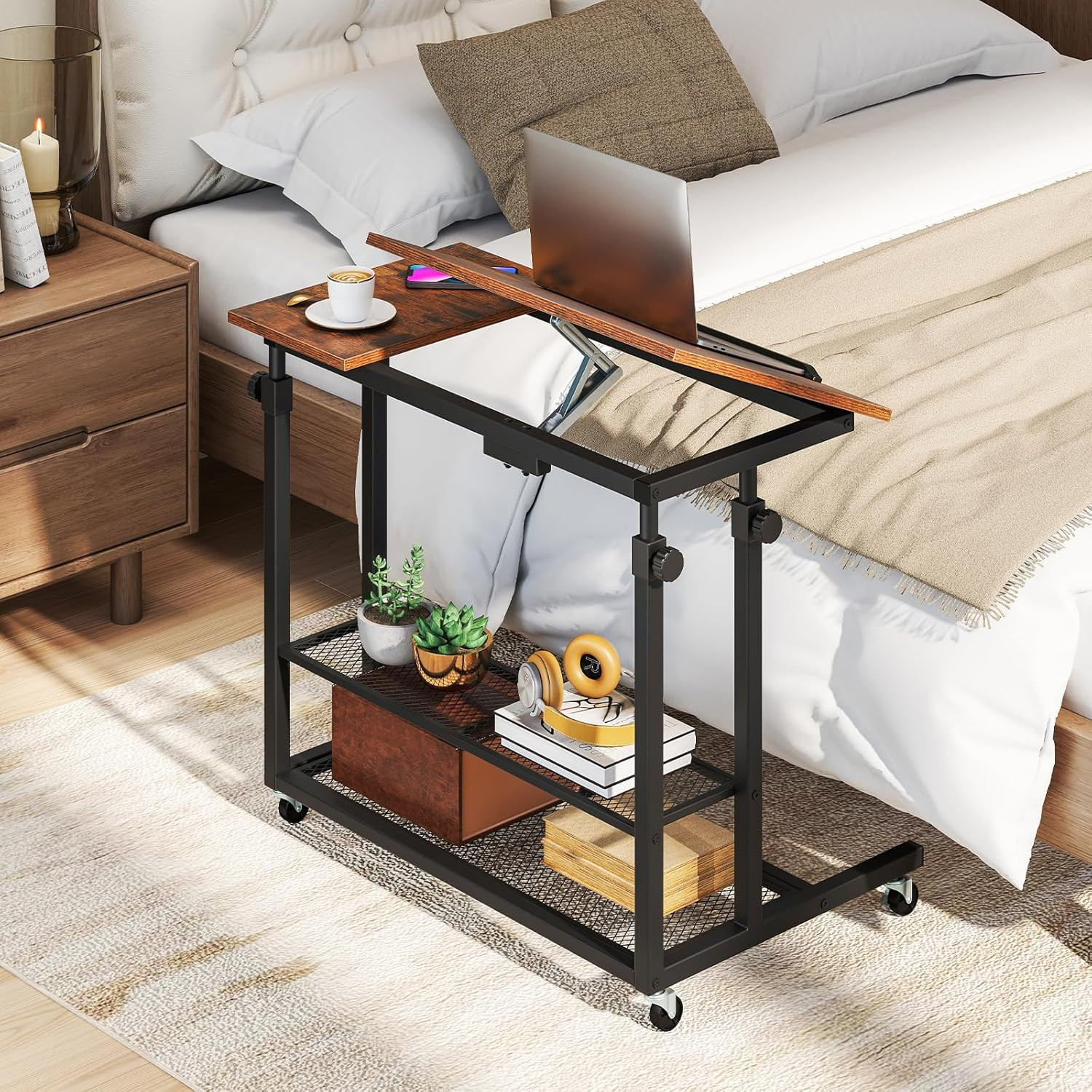 Mobile Standing Desk, Adjustable Rolling Computer Desk W/Tilting Desktop & Stora