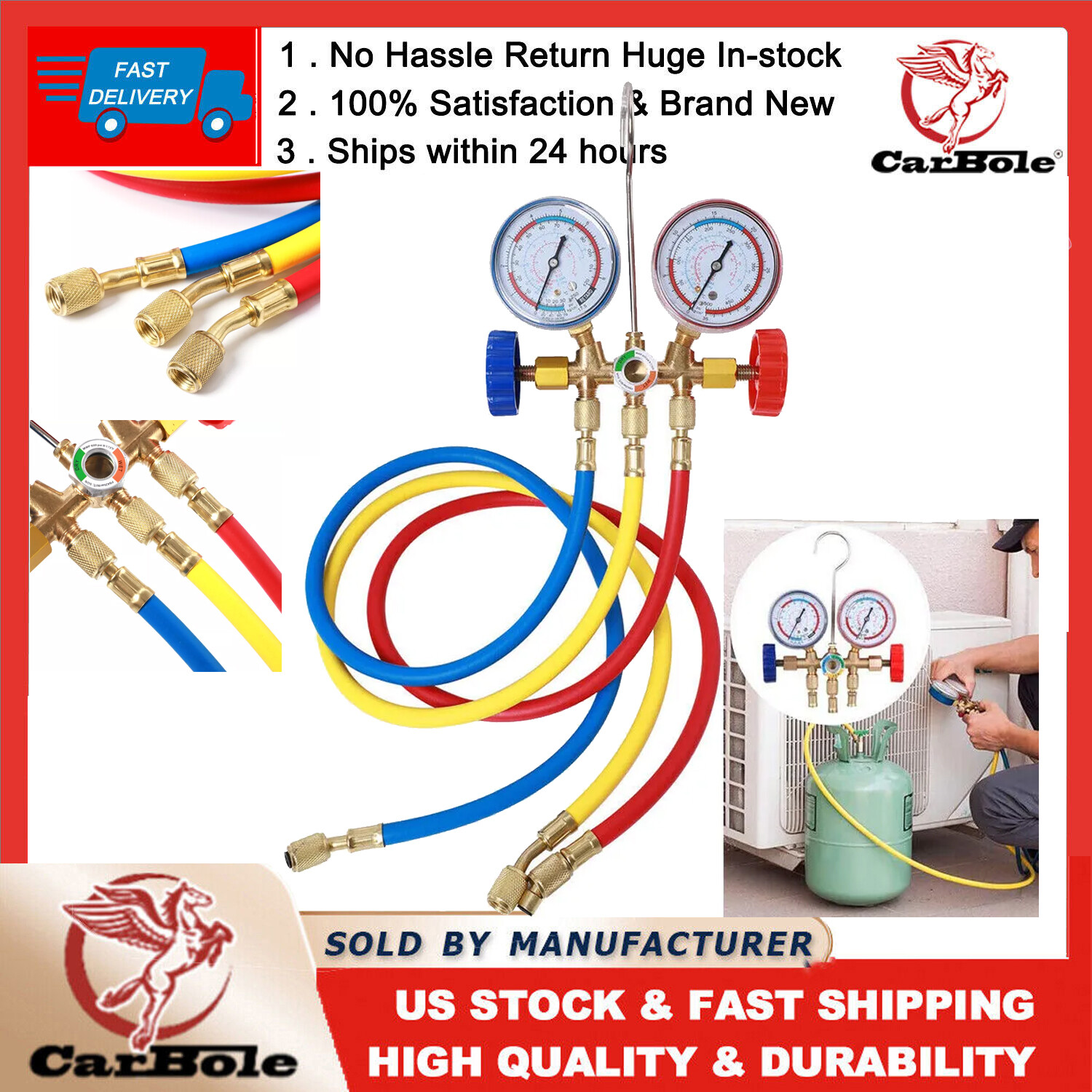 3-Way HVAC A/C Aircondition Pressure Gauge Manifold Kit Tools Charging Service