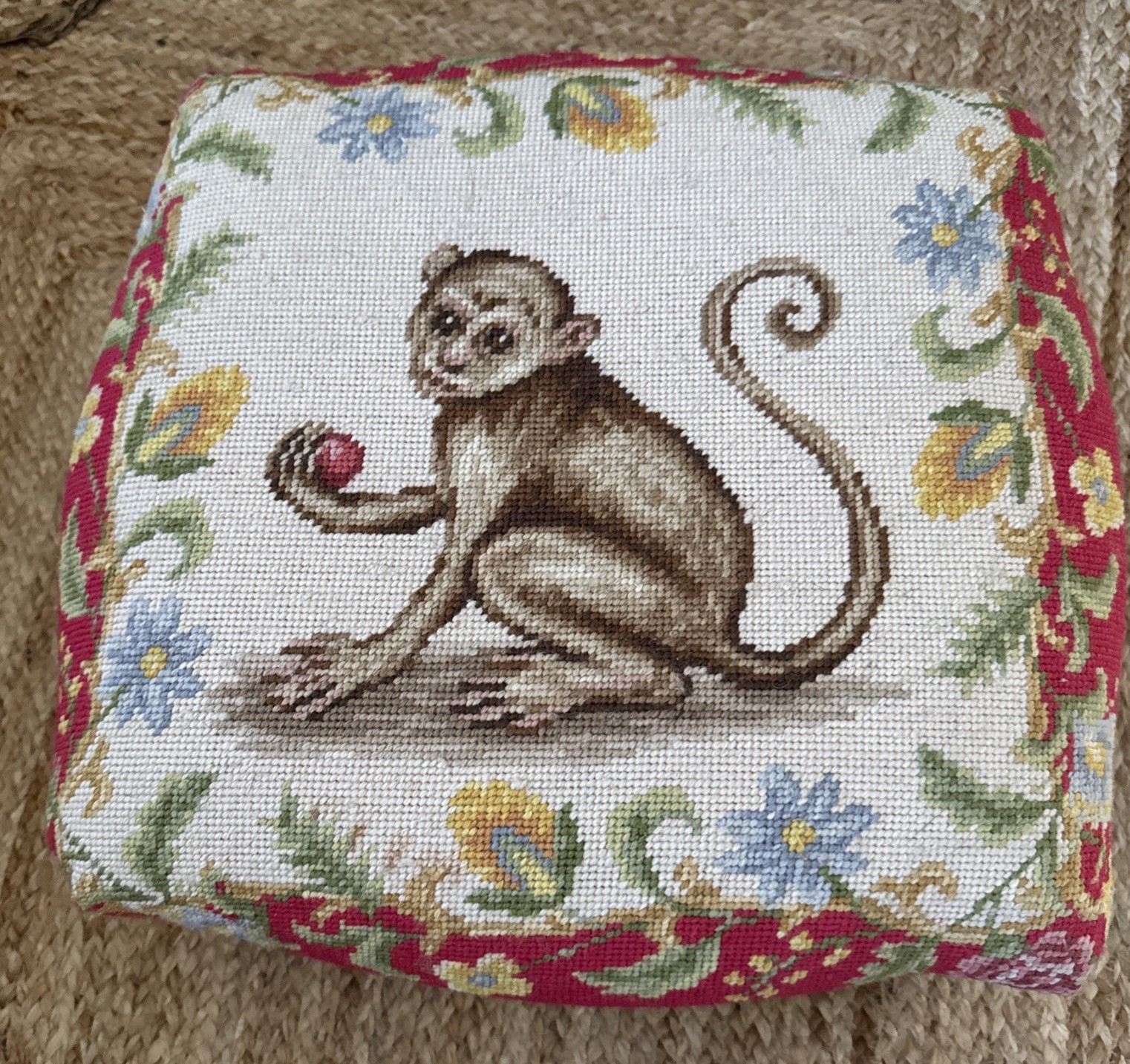 Carved French Country  Needlepoint Palm Beach Hollywood Regency Stool Louis XVI