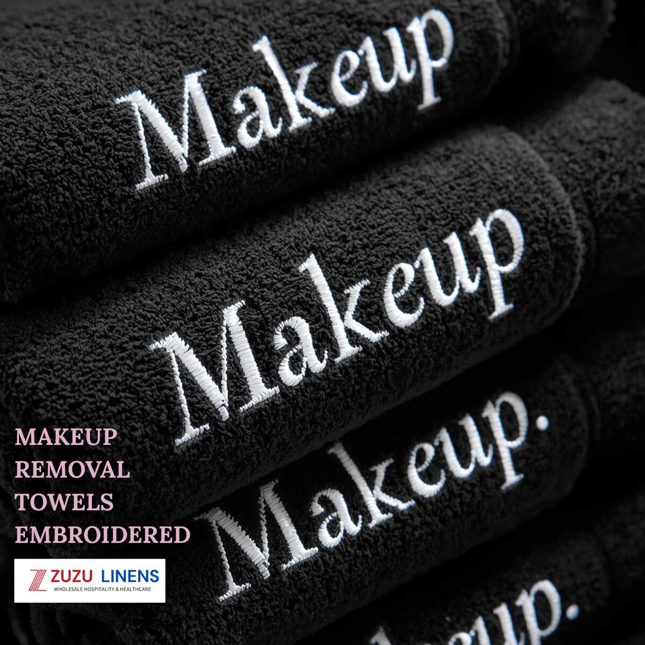 12 Pack Makeup Removal Towels - Embroidered Black 12 x 12 Cotton Washcloth