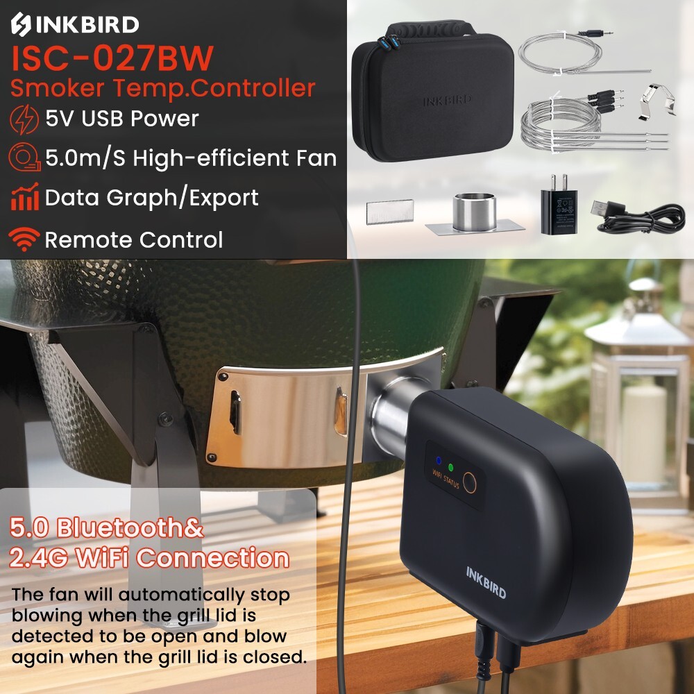 Automatic Smoker Fan Controller Barbecue Thermometer Bluetooth Wi-Fi ISC-027BBW