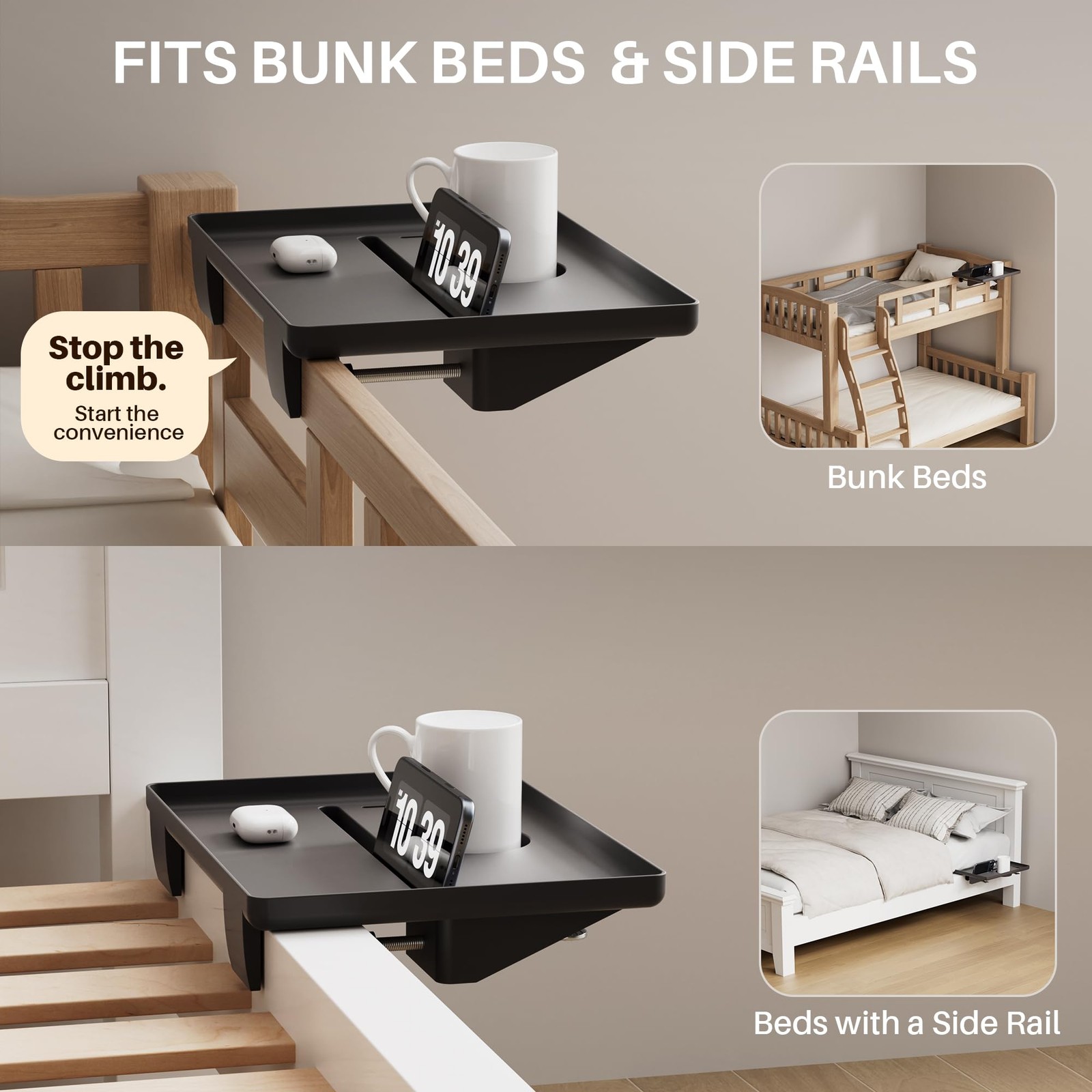 JOYMOOP Black clip-on bedside shelf for bunk beds