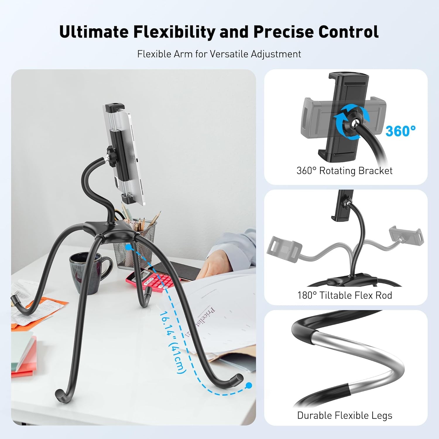 Adjustable 360° Tablet Holder for Bed, Hands-Free iPad Stand Mount