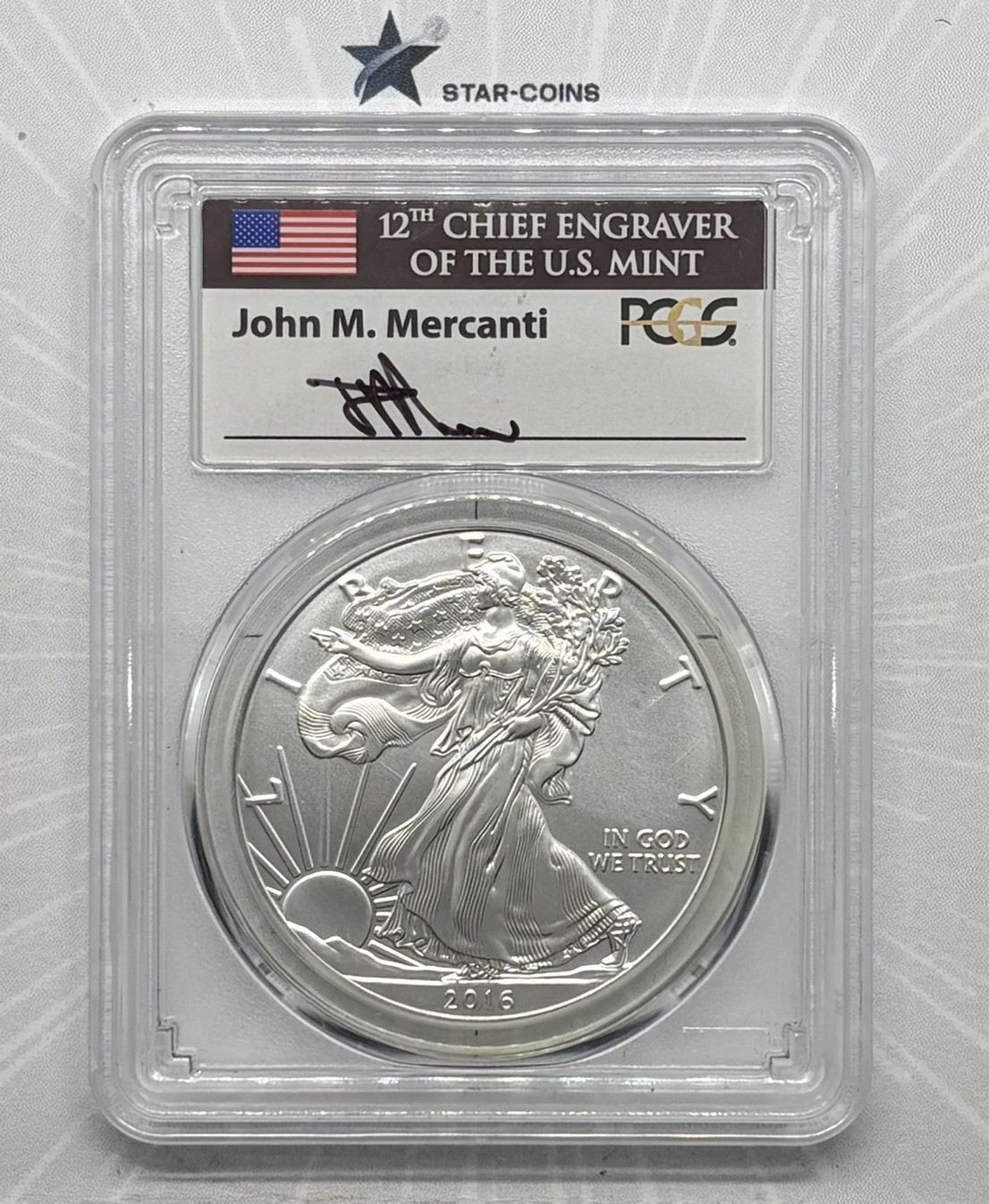 2016-W Silver Eagle PCGS SP70 30th Anniv. Lettered Edge John Mercanti Signed