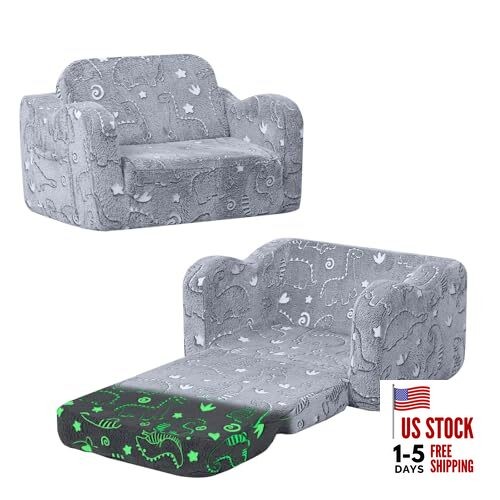 Kids Dinosaur Couch – Foldable Toddler Chair, Glow-in Polyester Gray Dinosaur
