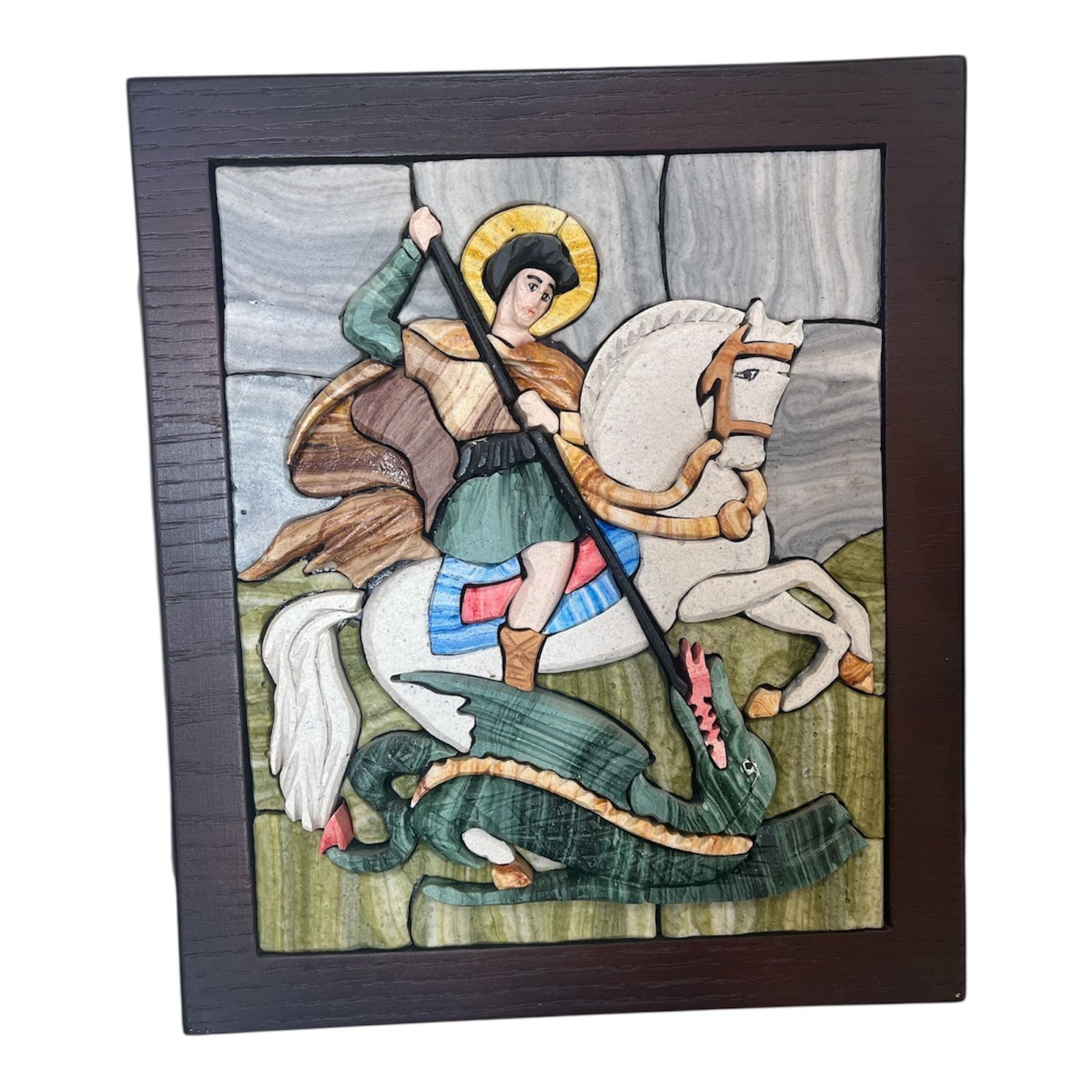 Saint George Dragon Slay Religious Decor Marble Mosaic