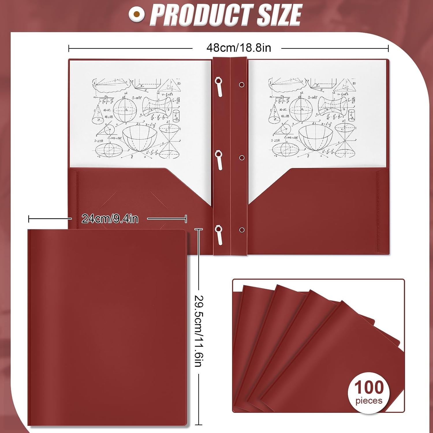 Durable 100-Pack Dark Red Plastic Folders with Pockets & Prongs for All Needs
